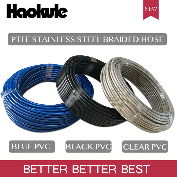 HAOKULE 3AN/AN3 PTFE Teflon  STAINLESS STEEL BRAIDED HOSE WITH BLACK/CLEAR/BLUE PVC COVER